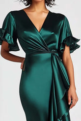 Mermaid Long Dark Green Wedding Guest Dress Satin Formal Dress With Short Sleeves